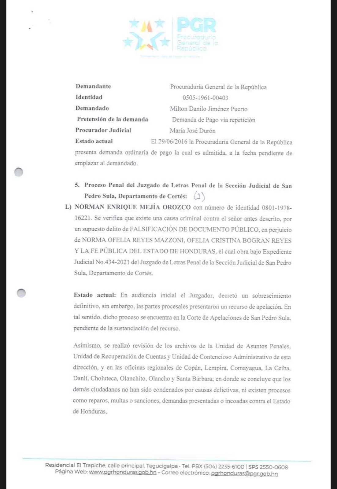Informe remitido por parte de la PGR